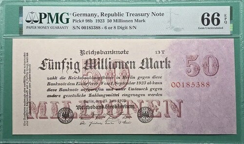 1923年 ドイツ共和国国債 5000万マルク P# 98b PMG 66 EPQ GEM UNC｜WORLD RESOURCE【QUEEN店】