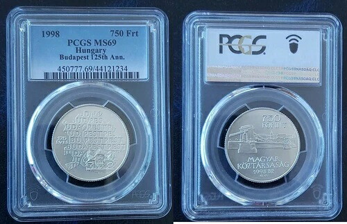 ハンガリー 銀貨 UNC 750 フォリント 1998年 統一 KM#725 PCGS MS69 トップ ?｜WORLD RESOURCE【QUEEN店】