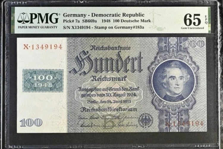 ドイツ 100 ドイツマルク 1948 年 P 7 a Gem UNC PMG 65 EPQ｜WORLD RESOURCE【QUEEN店】