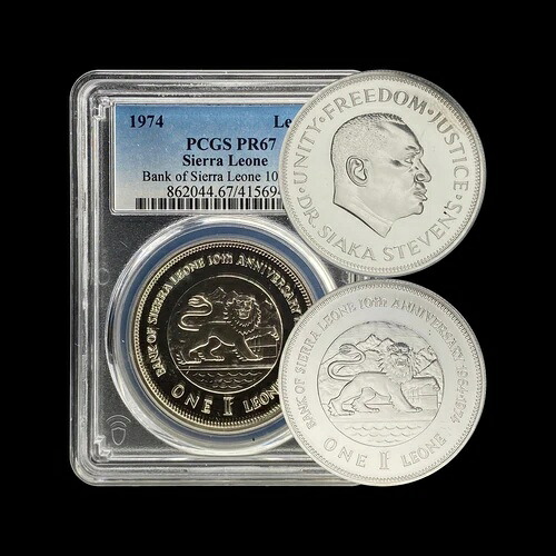 シエラレオネ。1974年、1レオン、銀貨 - PCGS PR67 - トップポップ?銀行記念。希少|WORLD RESOURCE【QUEEN店】
