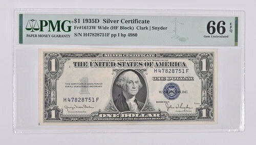 1935-D 1ドル銀券 66 EPQ PMG Fr. 1613W ワイドジェム Unc｜WORLD RESOURCE【QUEEN店】
