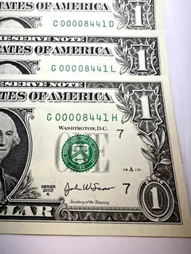 3 個セット、先頭 4 列、低ファンシー、シリアル番号 00008441、$1 UNC｜WORLD RESOURCE【QUEEN店】