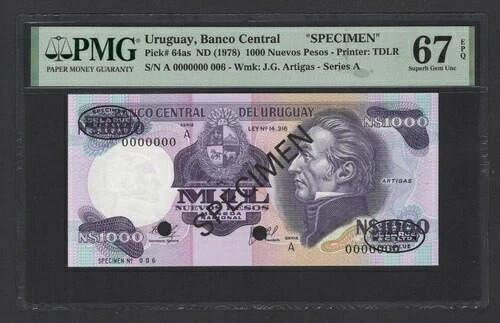 ウルグアイ 1000 ヌエボス ペソ ND(1978) P64as 「標本 N.006」 UNC グレード 67 トップ ポップ|WORLD RESOURCE【QUEEN店】