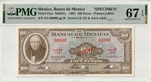 i-011091 メキシコ 100ペソ 1961年 スペシメン PMG 極上宝石 UNC 67 EPQ ほぼトップポップ|WORLD RESOURCE【QUEEN店】