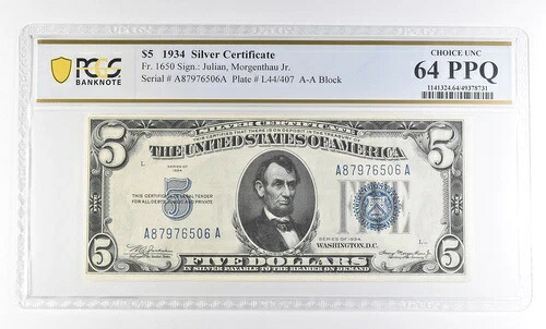 1934年 5ドル銀貨証明書 Fr#1650 Choice Unc 64 PPQ PCGS *2818|WORLD RESOURCE【QUEEN店】