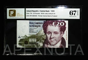 アイルランド共和国 £20 1999 P77 素晴らしい宝石 67 UNC EPQ ユーロ以前の GEPQ 素晴らしい詳細|WORLD RESOURCE【QUEEN店】
