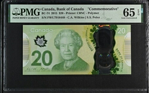 カナダ 20ドル 2015 P111 UNC - ポリマー / PMG GEM65EPQ x2ペア|WORLD RESOURCE【QUEEN店】