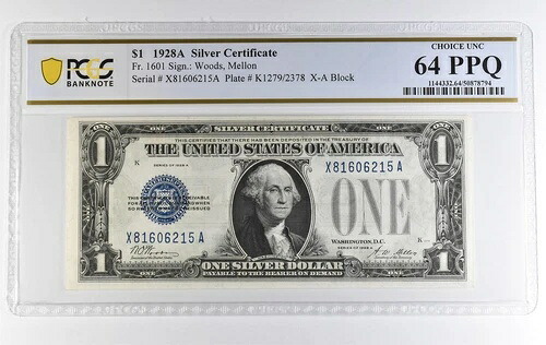 1928年 A $1 銀貨証明書 Fr#1601 Choice Unc 64 PPQ PCGS *3902|WORLD RESOURCE【QUEEN店】