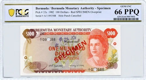 1982年 100ドル バミューダ通貨庁、赤色見本オーバープリント - PCGS Gem UNC66 PPQ｜WORLD RESOURCE【QUEEN店】