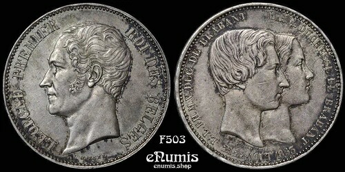 ベルギー、レオポルド 1 世、1853 年 5 フラン、結婚、銀貨、aUNC|WORLD RESOURCE【QUEEN店】
