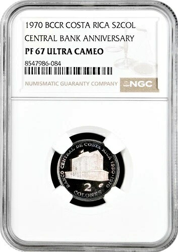 コスタリカ 2 コロネ 1970、NGC PF67 UC、「20 周年記念 - 中央銀行」｜WORLD RESOURCE【QUEEN店】