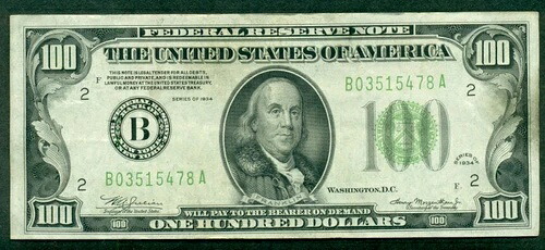 $100.00 FRBN - ニューヨーク、1934年、Fr. #2152B、鮮明なAU/UNC｜WORLD RESOURCE【QUEEN店】