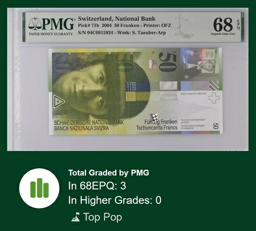 [トップポップ] スイス 50 フランケン 2004 P71 PMG 68 SUPERB GEM UNC EPQ スイス フラン｜WORLD RESOURCE【QUEEN店】