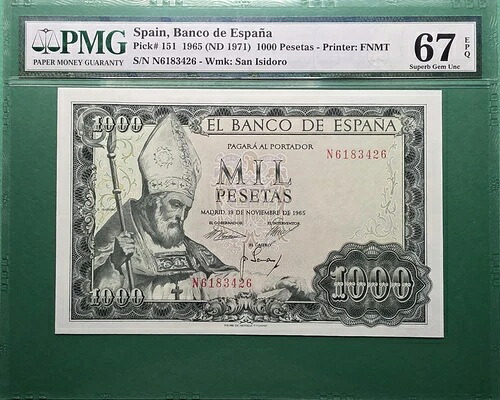 1965(1971) スペイン 1000 ペセタ P# 151 PMG 67 EPQ 極上 宝石 UNC｜WORLD RESOURCE【QUEEN店】