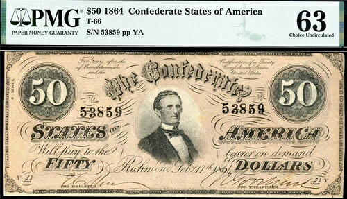 HGR 1864 $50 南軍 T-66 (1/2 連続番号) PMG CHOICE UNC 63｜WORLD RESOURCE【QUEEN店】
