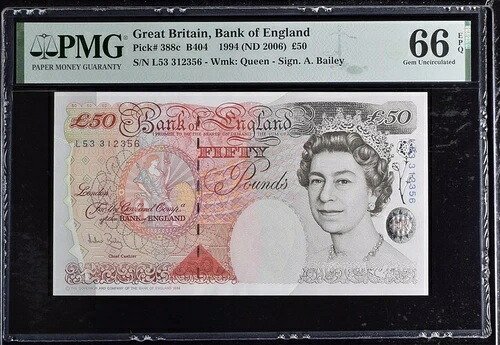 イギリス / 英国 50ポンド 1994(2006) P388c UNC / PMG 66 x2ペア｜WORLD RESOURCE【QUEEN店】