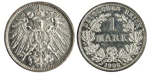 ドイツ。エンパイア1908-F 銀貨 1マーク、5.55グレイン、24 mm UNC KM-14|WORLD RESOURCE【QUEEN店】