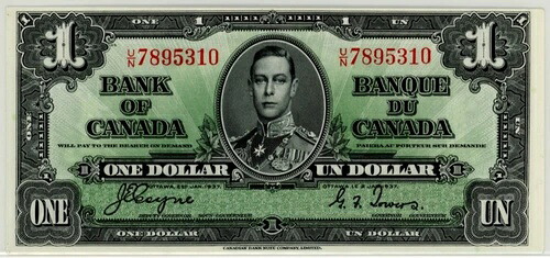 1937年 カナダ銀行 1ドル - BC-21d。未使用 - シリアル番号 U/N7895310|WORLD RESOURCE【QUEEN店】