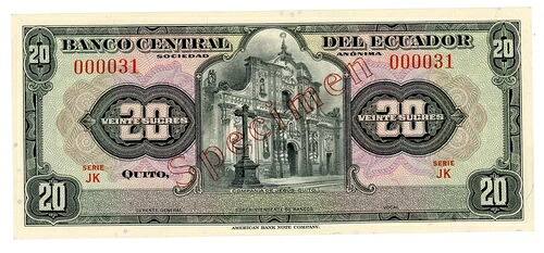 エクアドル &hellip; P-102 &hellip; 20 スクレ ND (1950-60) ジェム *UNC*?標本シリーズ "JK"｜WORLD RESOURCE【QUEEN店】 34,320円