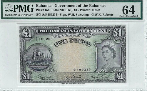 1936年（ND 1963）バハマ SN# A/5 189235 ピック# 15d &pound;1 *PMG CH UNC 64｜WORLD RESOURCE【QUEEN店】