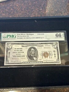 SASA 1929 アイアンリバー国立銀行 ミシガン州 $5 PMG ジェム Unc 66epq｜WORLD RESOURCE【QUEEN店】