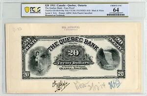 1911年 20ドル ケベック銀行、表面と裏面の承認証明セット - PCGS Choice UNC 64｜WORLD RESOURCE【QUEEN店】 308,880円