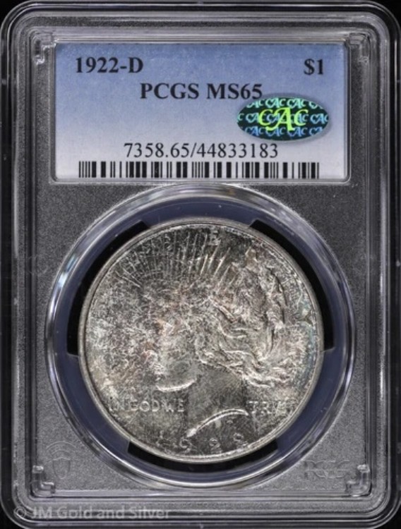 1922-D 1ドル ピース銀貨 PCGS MS 65 CAC | 未使用 UNC BU|WORLD RESOURCE【QUEEN店】