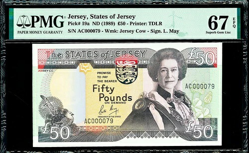 ジャージー 50ポンド 1989 1st プレフィックス LOW # AC 000079 P-18a SUPERB GEM UNC PMG 67 EPQ｜WORLD RESOURCE【QUEEN店】