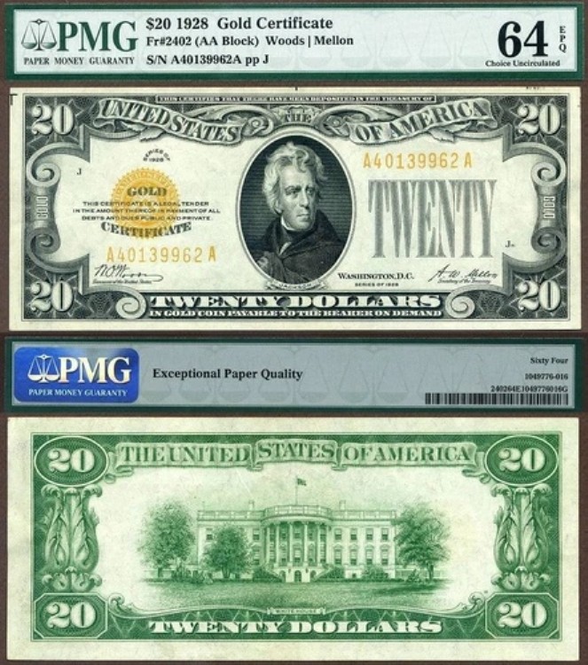 1928年 20ドル金券 FR-2402 PMG グレード CU 64EPQ S/N A40139962A ジャクソン｜WORLD RESOURCE【QUEEN店】