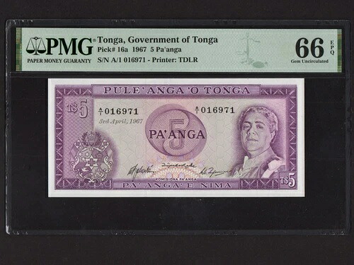 トンガ:P-16a、5 Pa'anga、1967 * Queen Salote Tupou III * PMG Gem UNC 66 EPQ *｜WORLD RESOURCE【QUEEN店】
