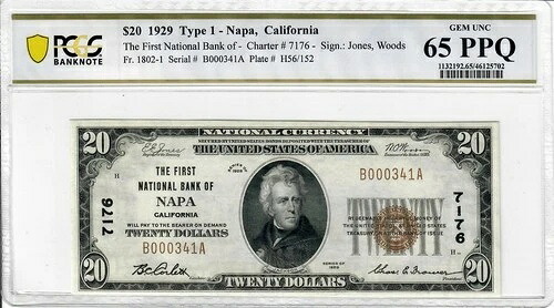 1929年 20ドル ナパ、カリフォルニア PCGS GEM UNC 65 PPQ、低SN B000341A｜WORLD RESOURCE【QUEEN店】