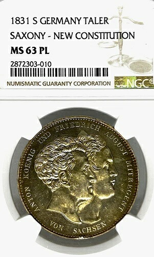 ドイツ ザクセン州 1831 S ターラー貨幣 NGC MS 63PL STG/PP ターラー UNC 憲法|WORLD RESOURCE【QUEEN店】