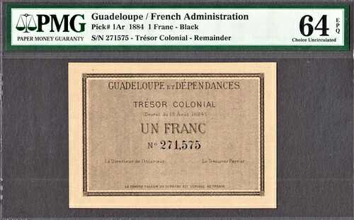 グアドループ 1フラン 1884 ピック-1Ar CH UNC PMG 64 EPQ - 知られている限り最高級品!|WORLD RESOURCE【QUEEN店】
