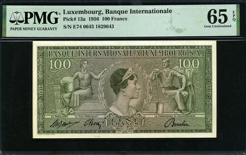 ルクセンブルク 1956年 100フラン P13a PMG 65 EPQ GEM UNC｜WORLD RESOURCE【QUEEN店】