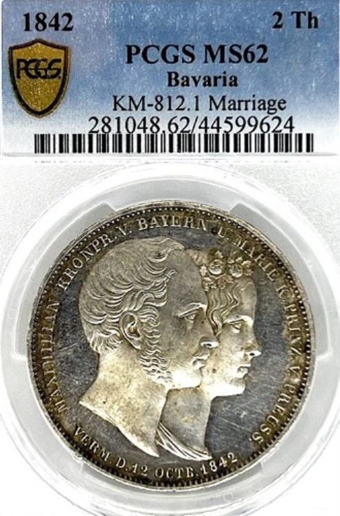 ドイツ諸州 バイエルン 1842年 2ターラー貨幣 ターラー PCGS MS 62 F.STG UNC 結婚PL|WORLD RESOURCE【QUEEN店】