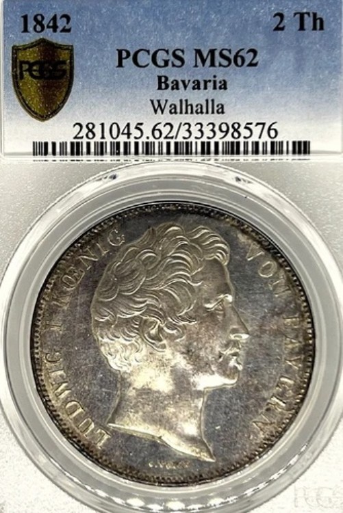 ドイツ バイエルン州 1842年 2ターラー貨幣 ターラー PCGS MS 62 F.STG/STG UNC WALHALLA｜WORLD RESOURCE【QUEEN店】