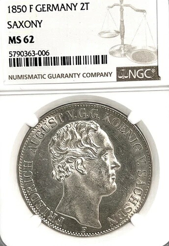 ドイツ諸州ザクセン 1850 F 2ターラー貨幣 NGC MS 62 VZ/STG ターラー UNC 希少｜WORLD RESOURCE【QUEEN店】