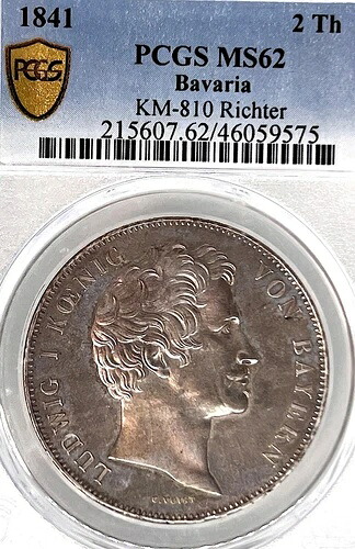 ドイツ バイエルン州 1841年 2ターラー貨幣 ターラー PCGS MS 62 F.STG UNC RICHTER RARE｜WORLD RESOURCE【QUEEN店】