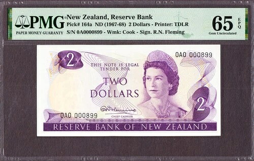 ニュージーランド $2 ND 1967-68 1st プレフィックス LOW # 0A0 000899 P-164a GEM UNC PMG 65 EPQ|WORLD RESOURCE【QUEEN店】