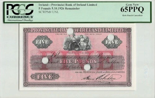 アイルランド 5ポンド 1926年10月5日「残り」 ピック番号 UNL PCGS: 65 PPQ UNC #PL1811|WORLD RESOURCE【QUEEN店】