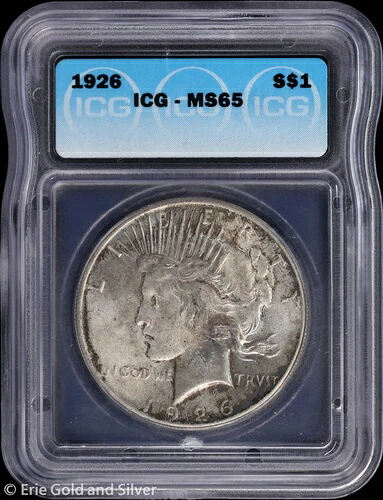1926-P 1ドル ピース銀貨 ICG MS 65 | 未使用 UNC BU|WORLD RESOURCE【QUEEN店】