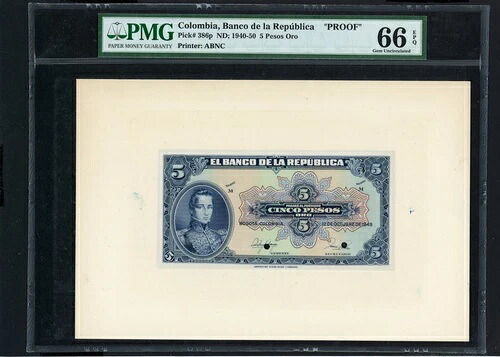 コロンビア共和国銀行証明 P386 、1949 、5 ペソ、PMG 66 EPQ|WORLD RESOURCE【QUEEN店】