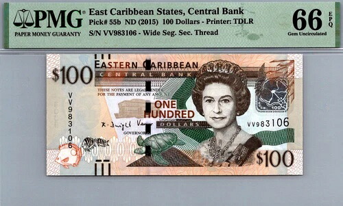 東カリブ諸国 100ドル 2015 PMG 66 EPQ GEM UNC ピック # 55b｜WORLD RESOURCE【QUEEN店】