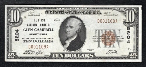 1929年 10ドル ペンシルバニア州グレンキャンベル第一国立銀行 国立通貨 CH #5204 UNC|WORLD RESOURCE【QUEEN店】