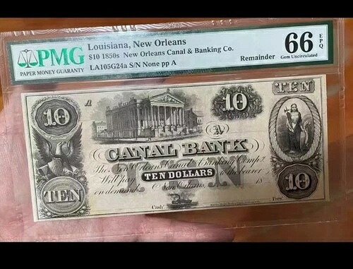 アメリカ合衆国 ルイジアナ州 ニューオーリンズ運河銀行 10ドル 1850年代 UNC 66 PMG|WORLD RESOURCE【QUEEN店】