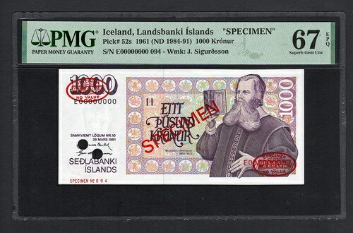 アイスランド 1000クローナ 1961年 (ND 1984-91) P52s 「スペシメン」 UNCグレード67 トップポップ|WORLD RESOURCE【QUEEN店】