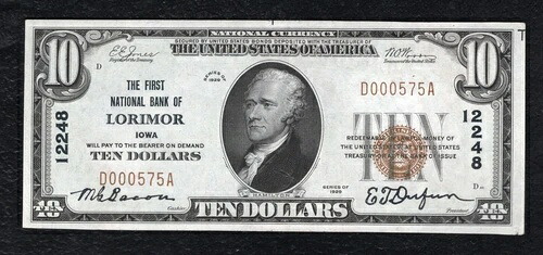 1929年 10ドル アイオワ州ロリモア第一国立銀行 国立通貨 CH. #12248 AU|WORLD RESOURCE【QUEEN店】