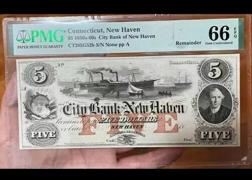 アメリカ合衆国 コネチカット州 ニューヘイブン市銀行 5ドル 1850年代～60年代 UNC 66 PMG｜WORLD RESOURCE【QUEEN店】