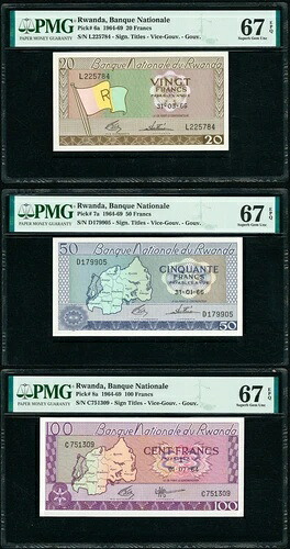ルワンダ 3枚セット 20、50、100フラン 1964-69年 P-6a 7a 8a SUPERB GEM UNC PMG 67 EPQ|WORLD RESOURCE【QUEEN店】