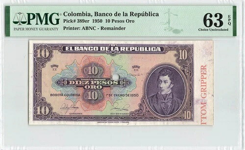 コロンビア 10 ペソ オロ 1950、P-389er 残り、PMG 63 EPQ Choice UNC、PMG POP = 2｜WORLD RESOURCE【QUEEN店】 88,330円